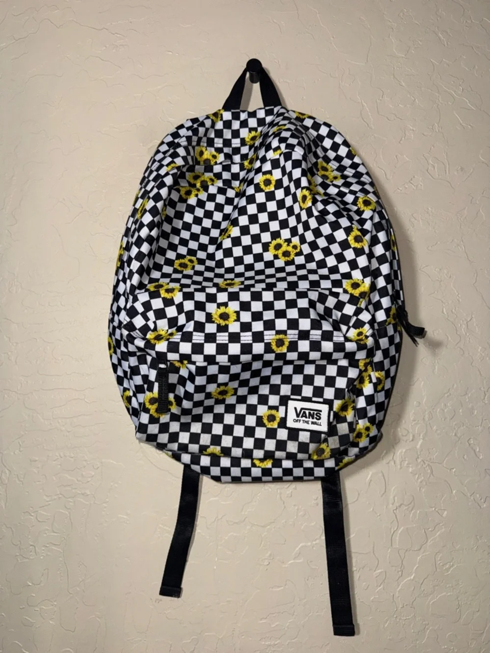 Vans black and white checker print sunflowers school size backpack